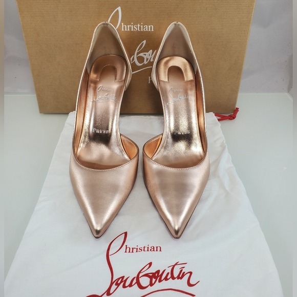 NWT$900 LOUBOUTIN Iriza 85 Leche Silk Satin Metallic Leather Heel Pumps Sz 38.5 - Picture 6 of 14